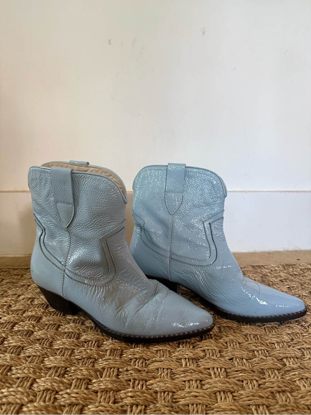 Freda Salvador Light Blue Patent Leather Western Booties